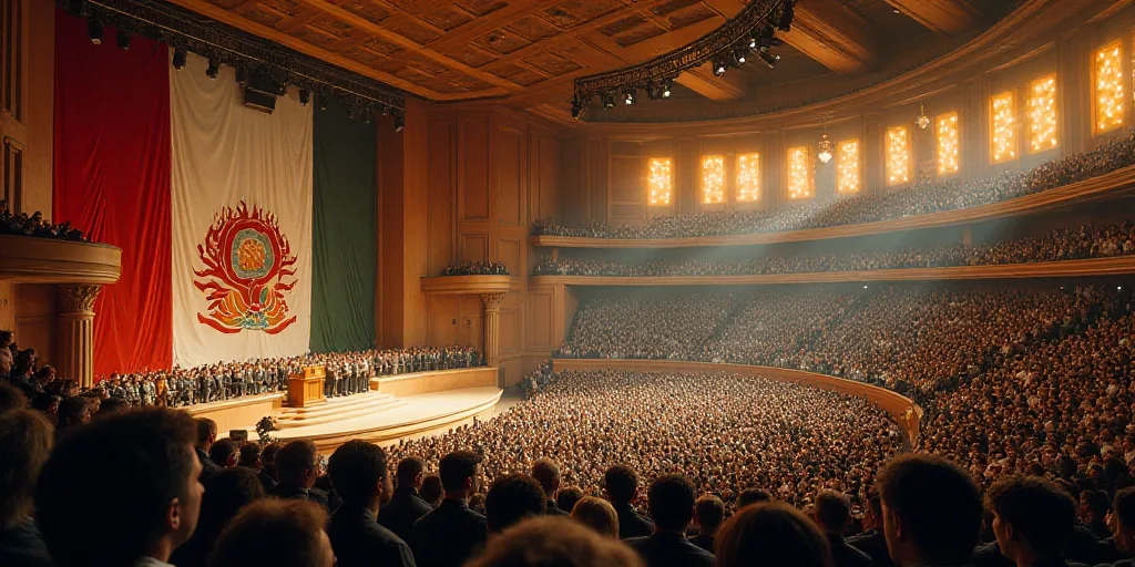 a large crowd of people in a large building with a flag on the wall and a stage with a podium, David