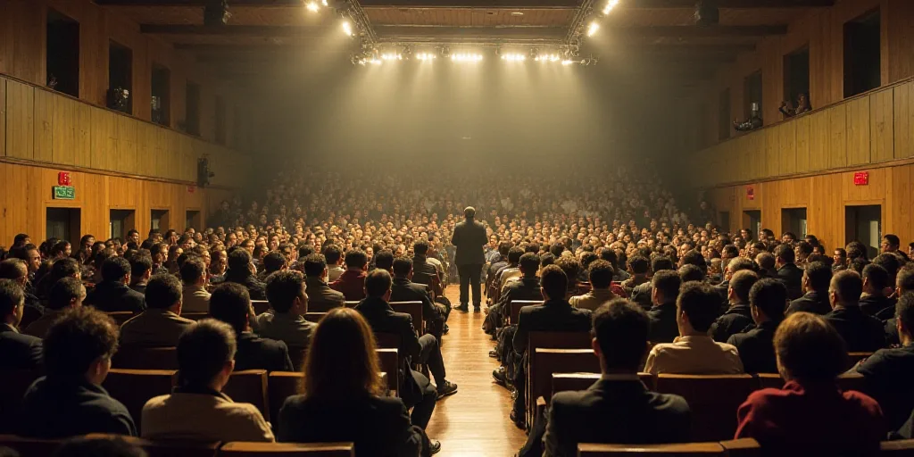 a large crowd of people sitting in a room with a speaker at the front of the room and a speaker at t