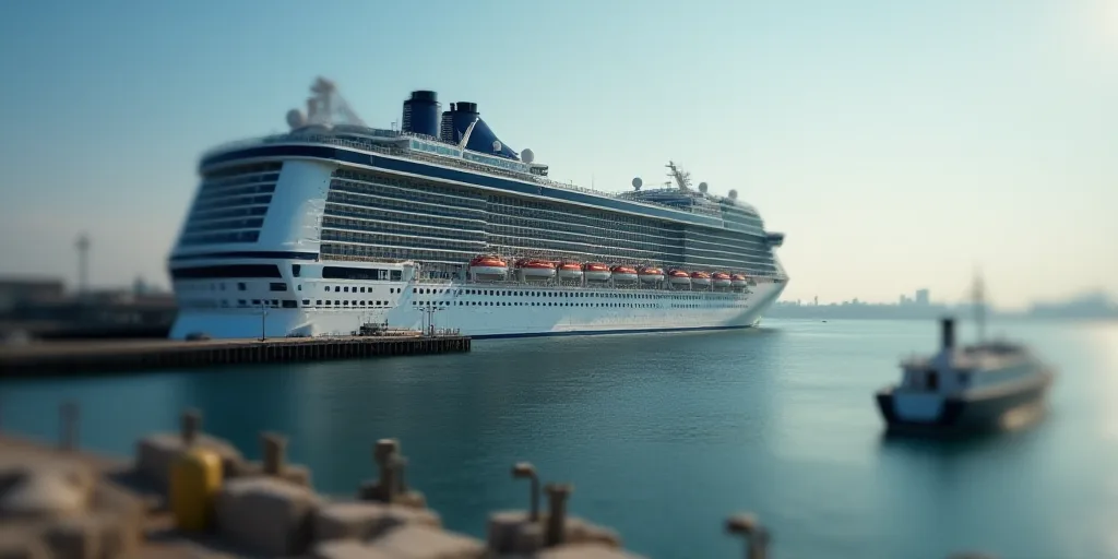 a large cruise ship docked at a pier with a dock in the foreground and a smaller boat in the backgro