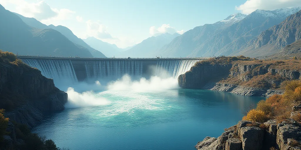 a large dam with water gushing out of it's sides and mountains in the background, with a lake in the