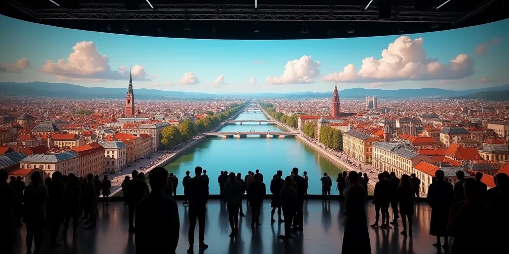 a large display of a city with a giant screen in the background and people standing around it lookin
