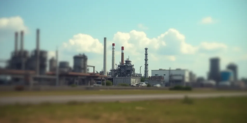 a large factory with a lot of machinery and buildings in the background and a sky background with a