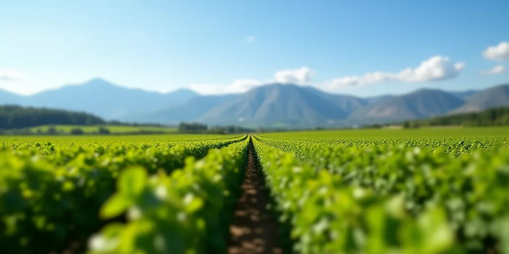 a large field of green plants with mountains in the background and a blue sky in the background with