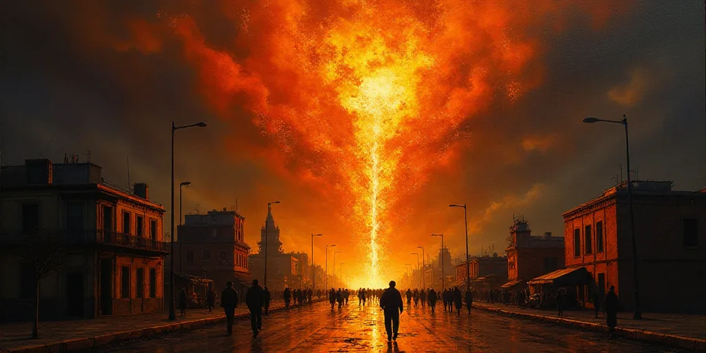 a large fire is burning in the sky over a city at night time with people walking on the street, Davi