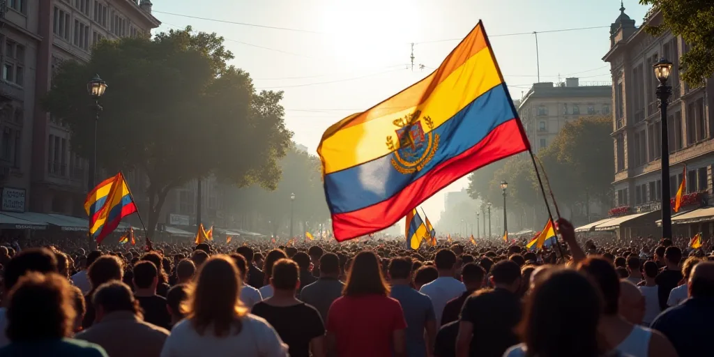 a large flag is being held by a crowd of people on a street corner in a city with a crowd of people