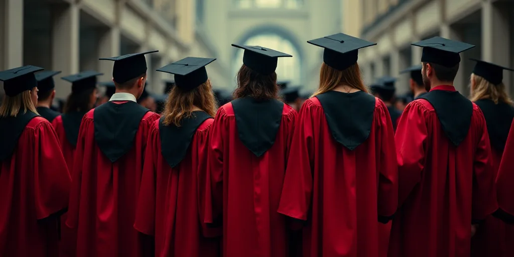 a large group of graduates in red and black robes and caps and gowns are standing in a row, Bourgeoi