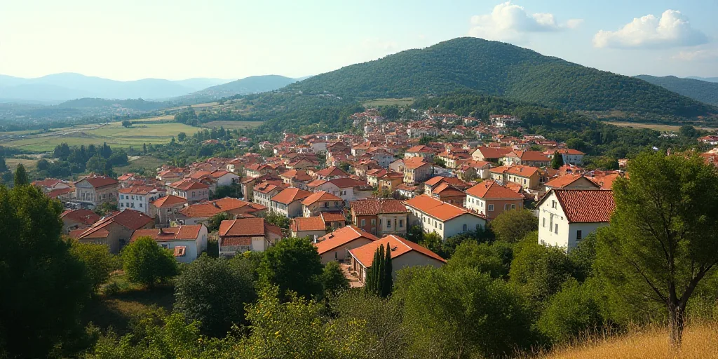 a large group of houses with orange roofs and trees in the foreground and a hill in the background,