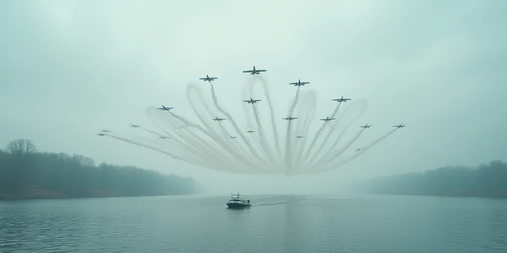 a large group of jets flying over a large body of water with a boat in the distance on the water, An