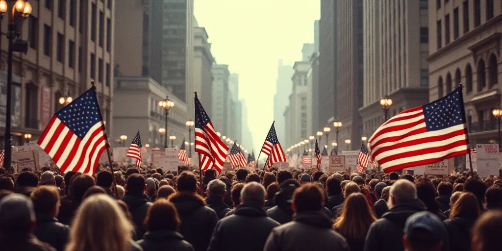 a large group of people holding american flags and signs in a city street with buildings in the back