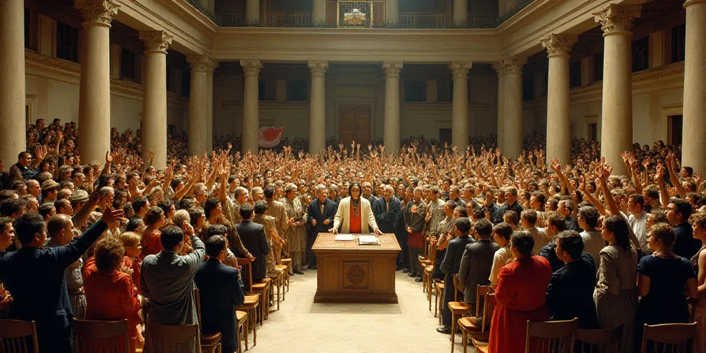 a large group of people in a room with chairs and a podium in the middle of the room, some of them w