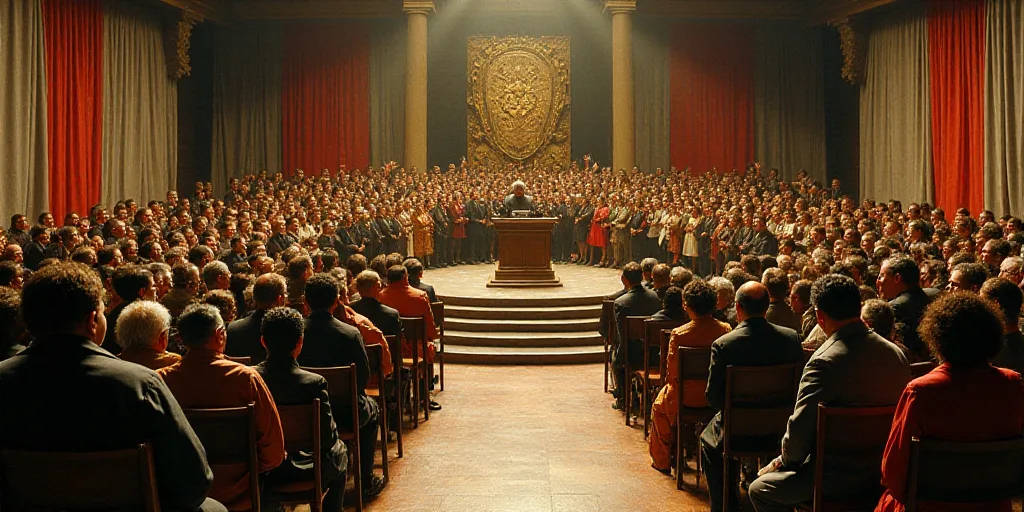 a large group of people in a room with chairs and a podium in the middle of the room, some of them w