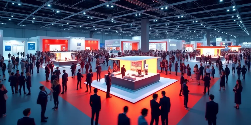 a large group of people standing around a booth at a trade show in a building with a red carpet, Dah