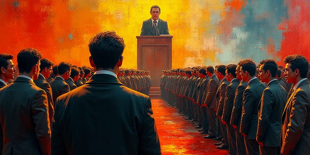 a large group of people standing in a room together for a photo with a speaker in the background and