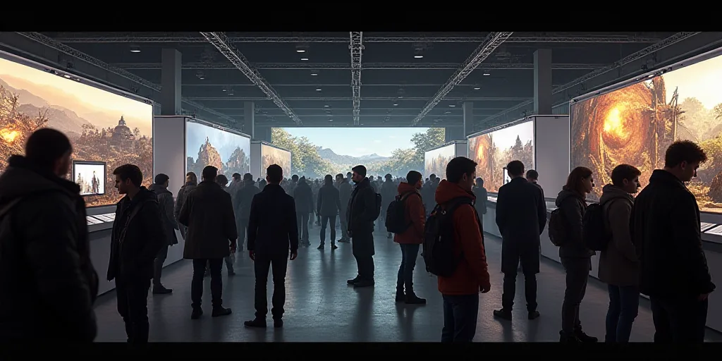a large group of people standing around a convention hall with a display of video games on the walls