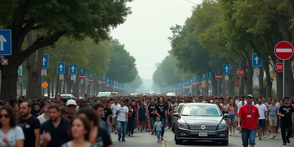 a large group of people walking down a street next to a street sign and trees and a car on the road,