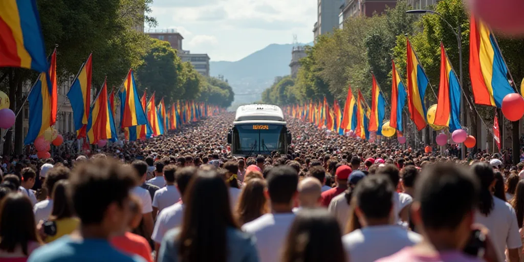 a large group of people walking down a street with flags and balloons on the sides of the street and
