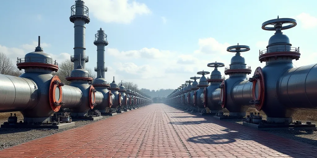 a large group of pipes and valves on a brick ground with a sky background and a brick walkway with a