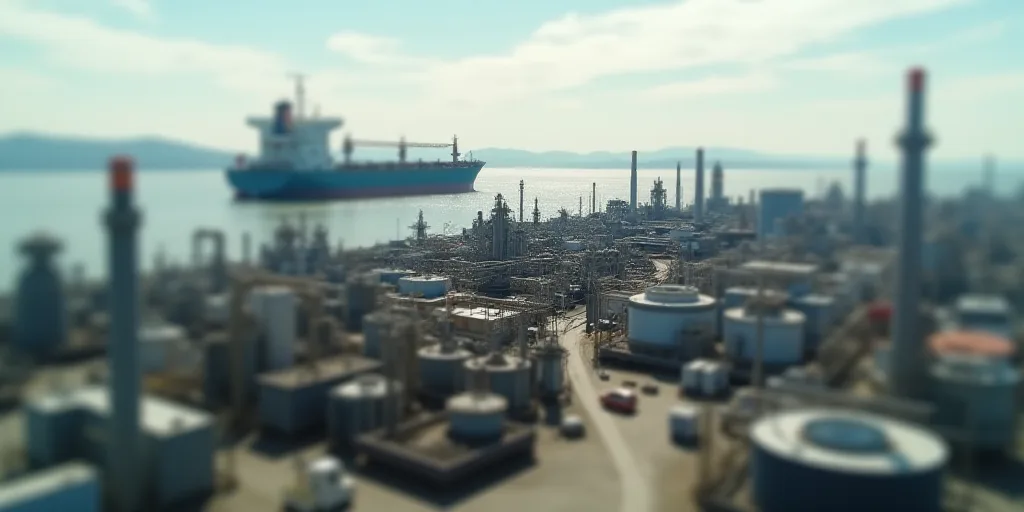 a large industrial area with a large ship in the background and a large oil refinery in the foregrou