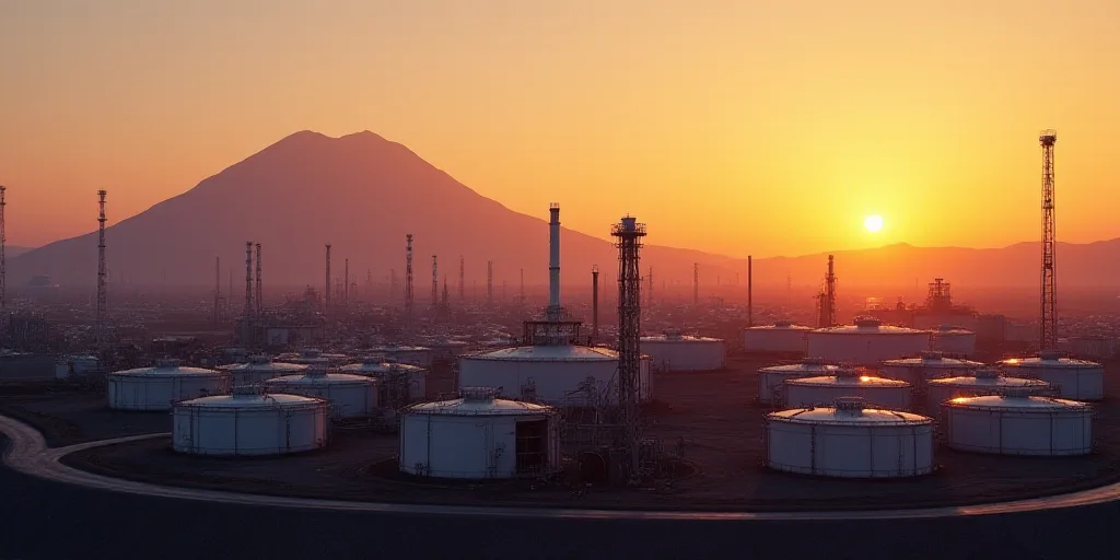 a large industrial area with many tanks and a mountain in the background at sunset or dawn or dawn o