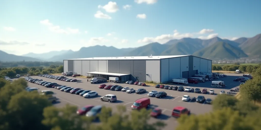 a large industrial building with a parking lot and a parking lot in front of it and mountains in the