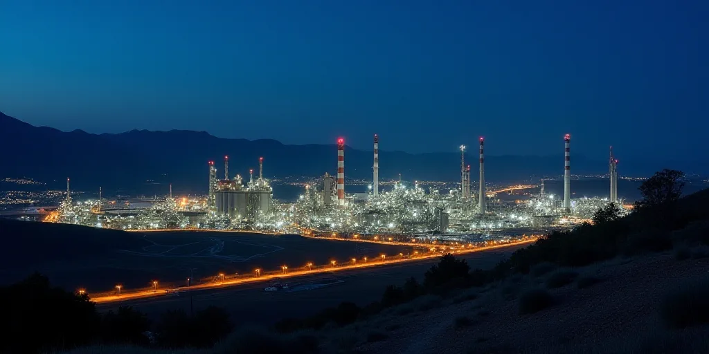 a large industrial plant lit up at night time with mountains in the background and a road running th