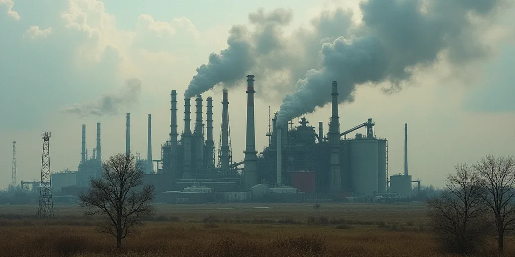 a large industrial plant with a lot of smoke coming out of it's stacks of pipes and tanks, Dahlov Ip