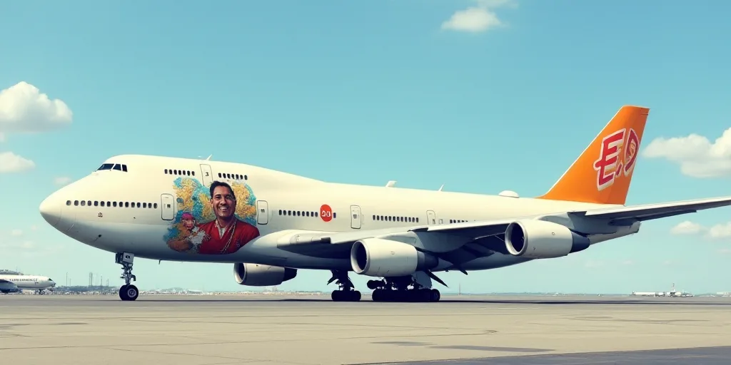 a large jetliner sitting on top of an airport tarmac with a painting of a man on it, Ei-Q, side prof