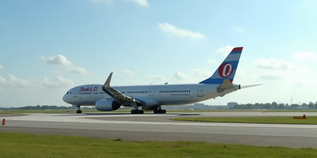 a large jetliner sitting on top of an airport runway next to a runway with a sky background and a fe