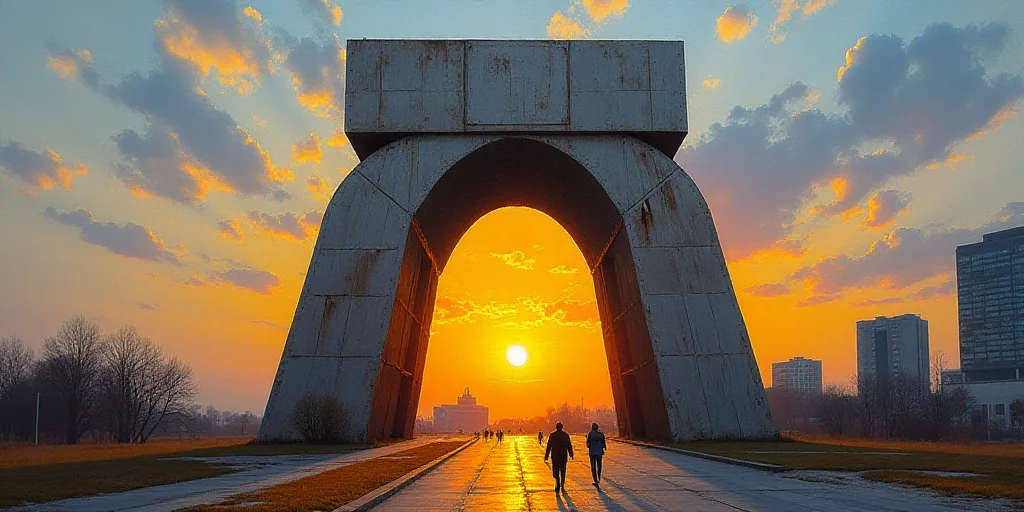 a large metal structure with a sun setting behind it and a sky background with buildings in the back