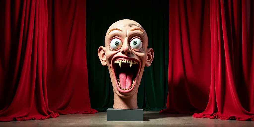 a large monster head on a stage with red curtains and a red curtain behind it with a black backgroun