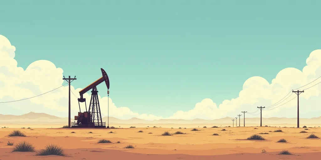 a large oil pump sitting in the middle of a desert field with a sky background and a few telephone p