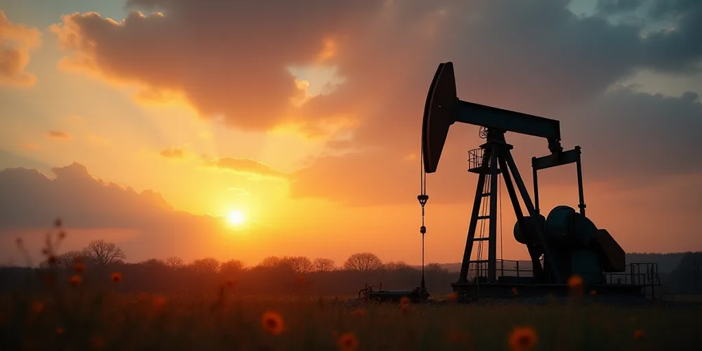 a large oil pump sitting on top of a field under a cloudy sky at sunset with the sun setting, Andrie