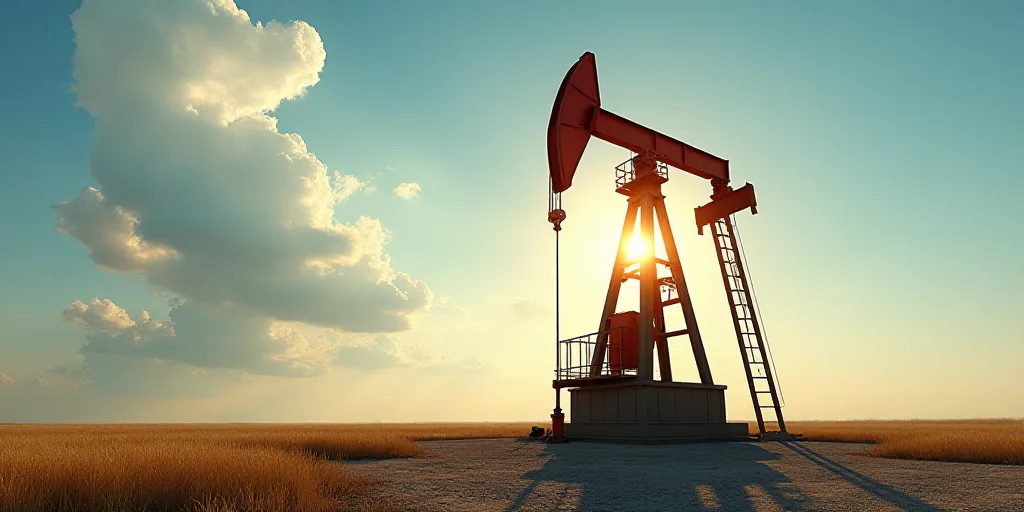 a large oil pump with a ladder going up to it's top and the sun shining through the sky, Andries Sto