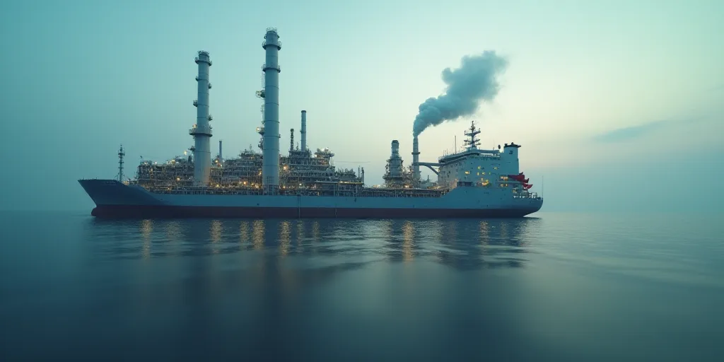 a large oil refinery in the middle of the ocean with a large ship in the background and a large oil