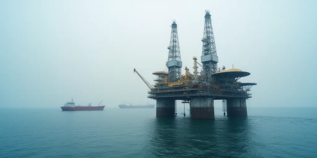 a large oil rig in the middle of the ocean with a boat in the water and a barge in the background, C