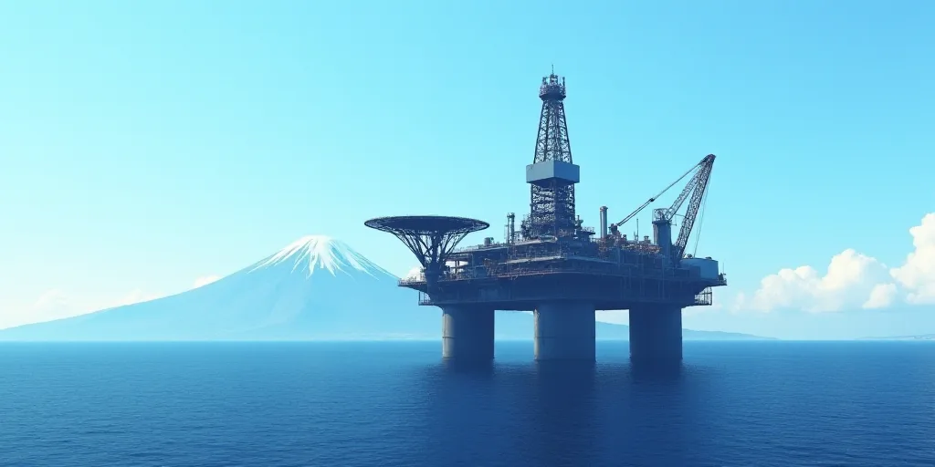 a large oil rig in the middle of the ocean with a mountain in the background and a blue sky, Aquirax