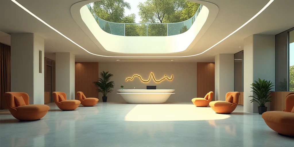 a large open area with a desk and chairs in it and a sign that says fibra fidia, Carpoforo Tencalla,
