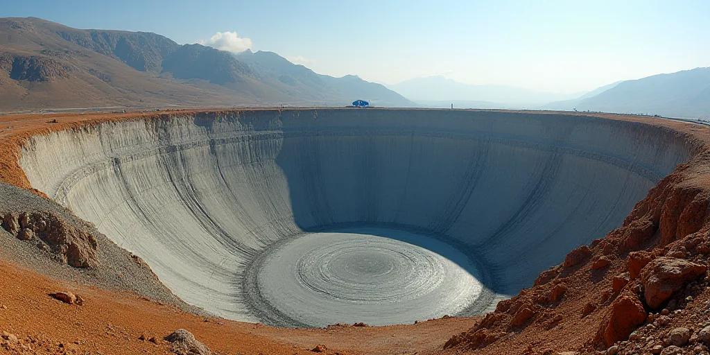 a large open pit with a mountain in the background and a road winding up the side of it with a blue