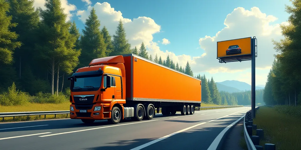 a large orange truck driving down a road next to a forest and a billboard sign with a car on it, Fed