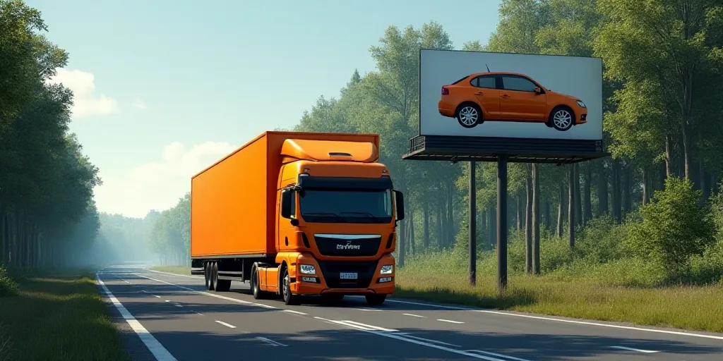 a large orange truck driving down a road next to a forest and a billboard sign with a car on it, Fed