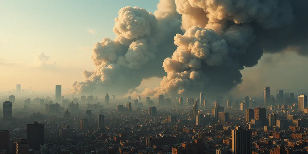 a large plume of smoke billows from a building in a city with lots of buildings in the background, D