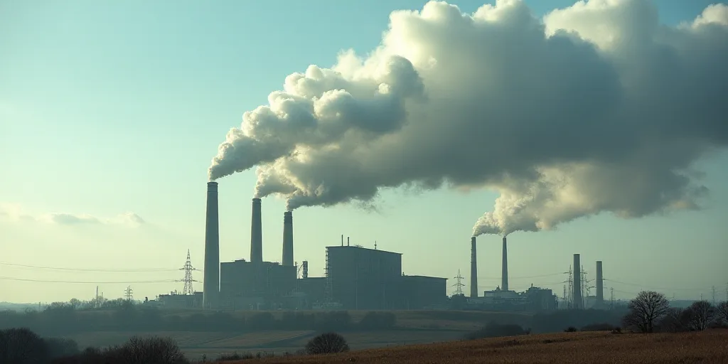 a large plume of smoke billows from a factory chimney on a hill top with a sky background and a few