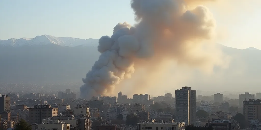 a large plume of smoke billows from a building in the city of a city with mountains in the backgroun