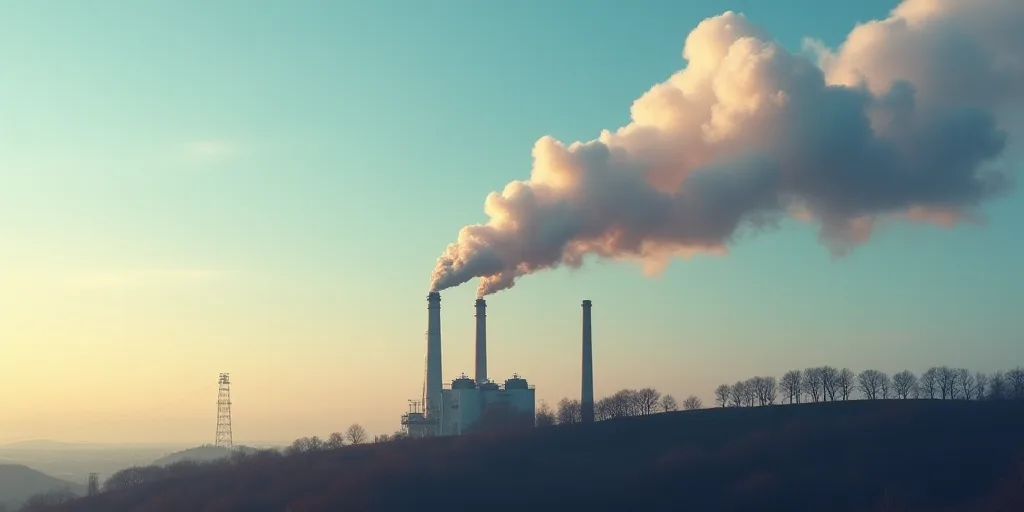 a large plume of smoke billows from a factory chimney on a hill top with a sky background and a few
