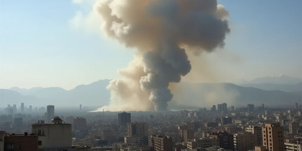 a large plume of smoke billows from a building in the city of a city with mountains in the backgroun