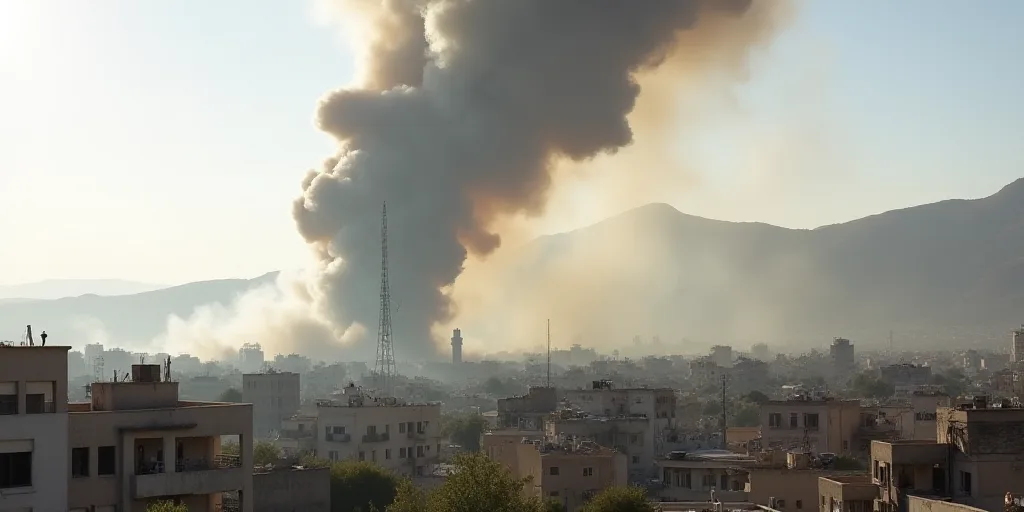 a large plume of smoke is billowing out of a building in the distance, with a mountain in the backgr