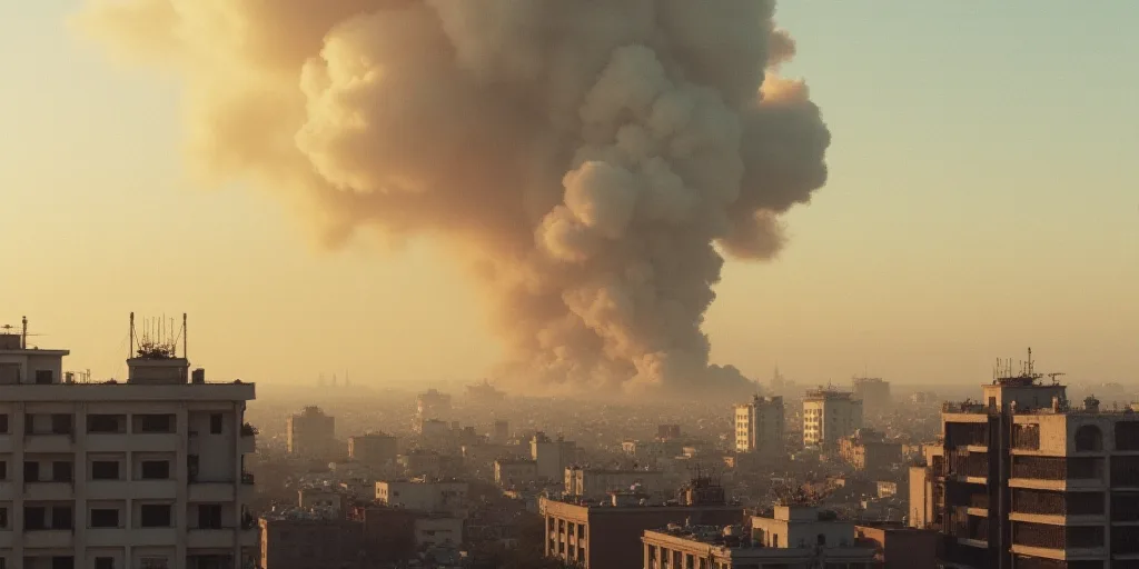 a large plume of smoke is billowing out of a building in the distance, with a few buildings in the f
