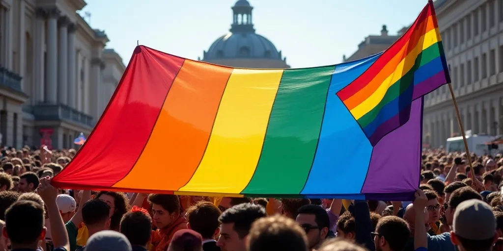 a large rainbow flag is being held by a crowd of people in a city square, with a rainbow flag on the