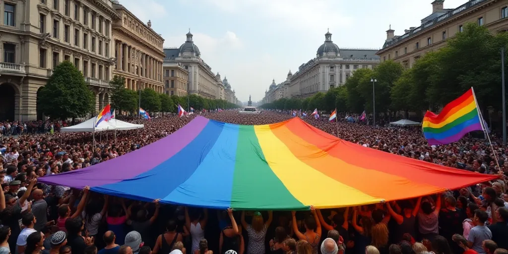 a large rainbow flag is being held by a crowd of people in a city square, with a rainbow flag on the