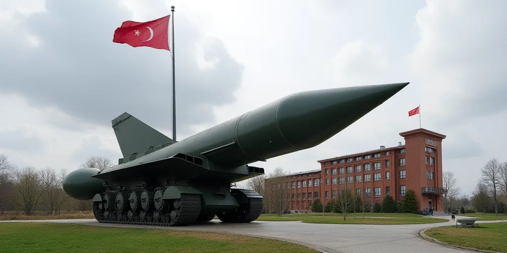 a large rocket is on display with a flag in front of it and a building in the background with a flag